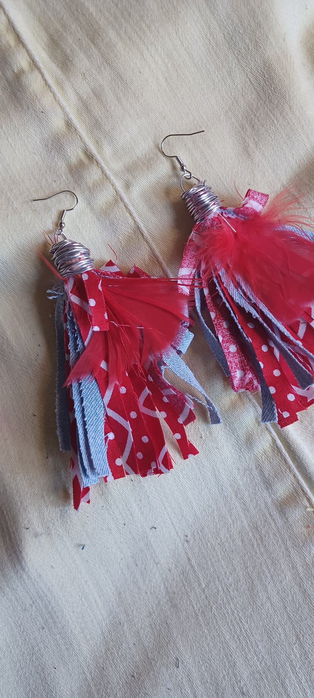 Red feather, denim and Tassel Earrings