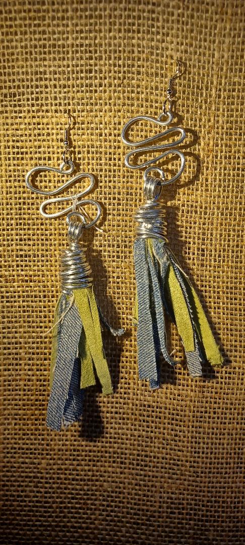 Green Leather & Denim Tassels